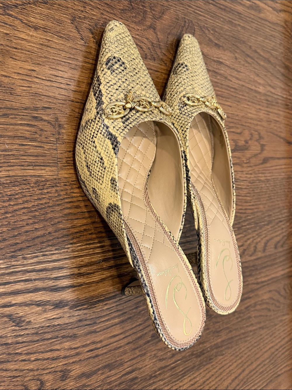 Sam Edelman Kitten Heel Mules in Snake Print with Gold Chain